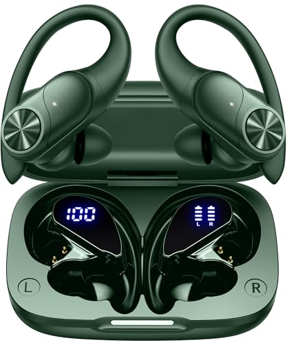 PocBuds Bluetooth Headphones Wireless Earbuds 80hrs Playtime Wireless Charging Case Digital Display Sports Ear Buds with Earhook Deep Bass IPX7 Waterproof Over-Ear Earphones for TV Phone Laptop Olive - color: Olive, style: Standard