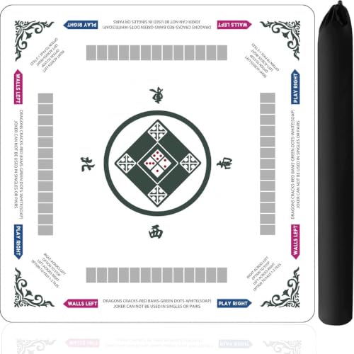 Mahjong Mat for Table, 31.5x31.5Inch American Mahjongg Table Mat (White) | Anti-Wrinkle&Foldable Neoprene Mahjongg Travel Mat for Table with Learning Rule, Anti-Slip Noise Reduction Includes Carry Bag - color: White