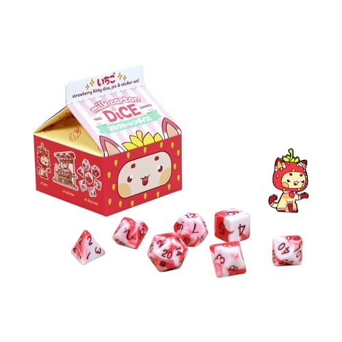 1985 Games Strawberry Kawaii Cat Dice Set – Milk Carton-Inspired Dice for DND | TTRPGs & Tabletop Roleplaying - color: Strawberry