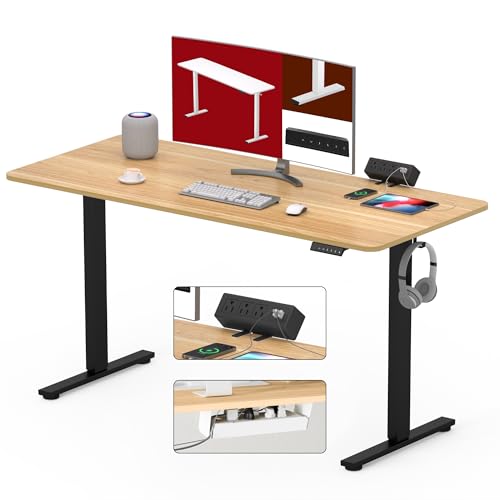 SANODESK Electric Standing Desk with Clamp Power Strip 48"x 24" Whole-Piece Desktop Height Adjustable Stand Up Desk with Cable Management Sit Stand Home Office Black Frame/Maple Top - color: Black Frame+maple Top, size: 48"x24"