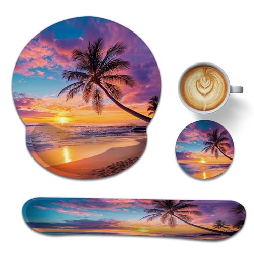 Tropical Palm Keyboard Wrist Rest Pad Ergonomic Mouse Pad Set,Sunset Trees Sea Beach 3 in 1 Memory Foam Mouse Pad with Non Slip Base for Office and Home - color: Tropical Palm Sunset Trees Sea Beach
