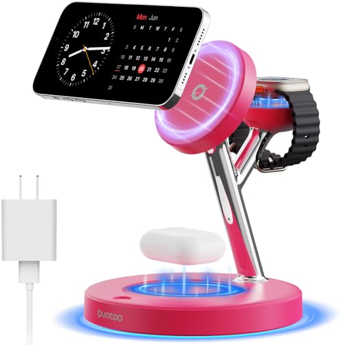 【Adjustable Blue Ambient Light】 Wireless Charger 3 in 1 for iPhone, Magnetic Charging Station for Apple Family,15W Fast MagSafe Charger Stand,for iPhone17-12-iWatch AirPods Series - color: Rose Red
