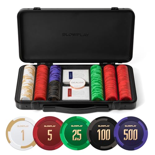 SLOWPLAY Godel Clay Poker Set, 14g&40mm Poker Chips for Texas Hold'em | 300 pcs Numbered Set; premium PC Shell case with mirror effect; clay composite poker chips; modern minimalist design - color: 300 Chips With Numbered Values