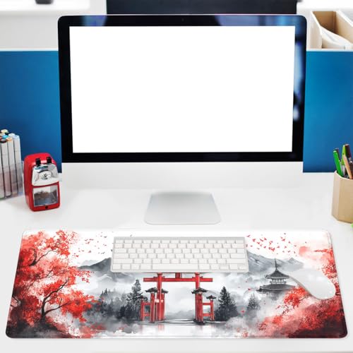 Japanese Gaming Mouse Pad Mountains Cherry Blossoms Watercolor Large Gaming Mouse Mat with Stitched Edges,Non-Slip Waterproof Rubber Base Mous Mat 31.5"x11.8" - color: Japanese, size: 31.5L x 31.5W inches