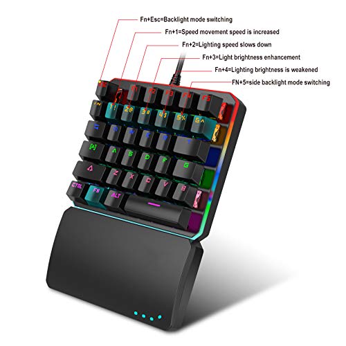 One Handed Mechanical Gaming Keyboard, RGB LED Backlit Half Keyboard Multimedia Function Key Portable Mini Single Gamer Keypad with Wrist Rest for PC/Laptop