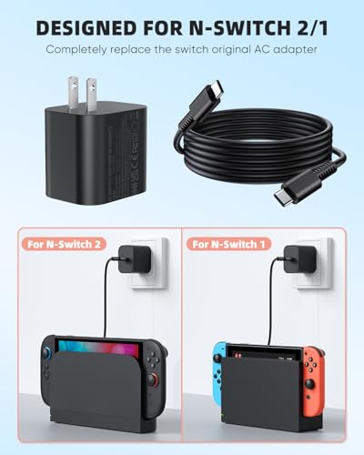 Switch 2 Charger with 6.6FT/2M USB-C Cable - 60W AC Power Adapter, Support 4K TV Dock & PD 3.0 Fast Charging, Power Supply 20V/3A Compatible with Nintendo 2/1,Wii Charger(6.6FT - Home Flexible Use) - size: 6.6FT