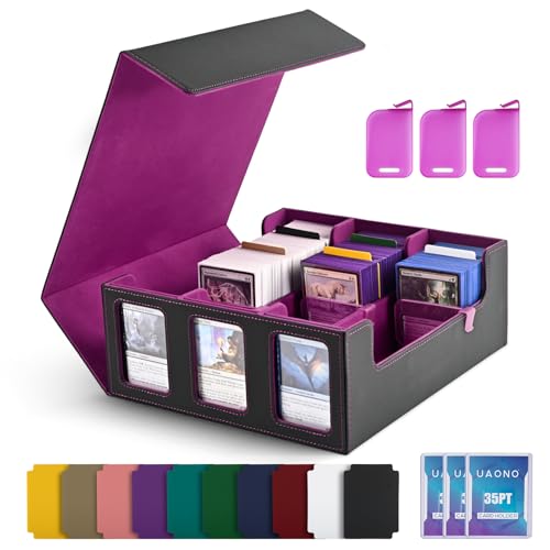 UAONO Card Storage Box for Trading Cards, 1800+ Commander Deck Box for MTG with Display Window, Toploader Card Case fits Magic TCG PTCG Sports Cards; 10 Removable Divider, 3 Stoppers (Black, Purple) - color: Black& Purple, size: 3-row