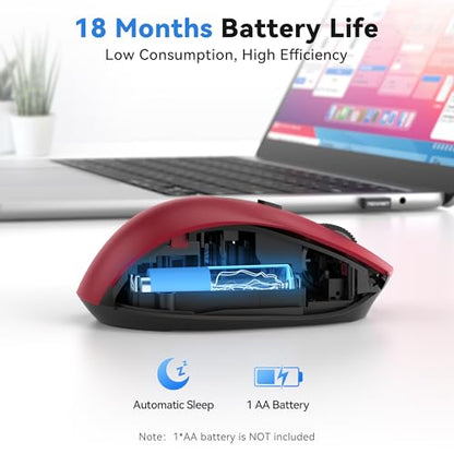 TECKNET Wireless Mouse for Laptop, (BT5.2/3.0 & 2.4G) Bluetooth Wireless Mouse, Silent Click, 5-Level Adjustable DPI, Ergonomic Portable Computer Mice for Laptop, PC, MacBook, Chromebook - color: Red