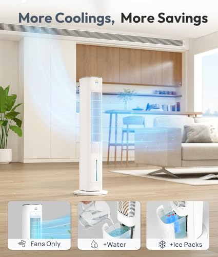 Portable Evaporative Air Cooler, 3-in-1 Cooling Fans that Blow Cold Air With 3L Water Tank, 38'' Tower Fan for Bedroom, Office with 3 Speeds, 12H Timer, Oscillation, 2 Ice Packs - color: White