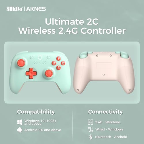 AKNES 8Bitdo Ultimate 2C Wireless 2.4G Controller for Windows PC and Android, Gamepad with Hall Effect Joysticks and Hall Triggers, 1000Hz Polling Rate, Remappable L4/R4 Bumpers - Mint | Gamepad with Hall Effect Joysticks and Hall Triggers, 1000Hz Polling
