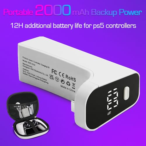 Wireless Charger for PS5 Controller with 2000mAh Battery Pack, Play While Charging for PlayStation 5 Controller Charger LED Display 12H Extended Playtime Ultra-Light Portable