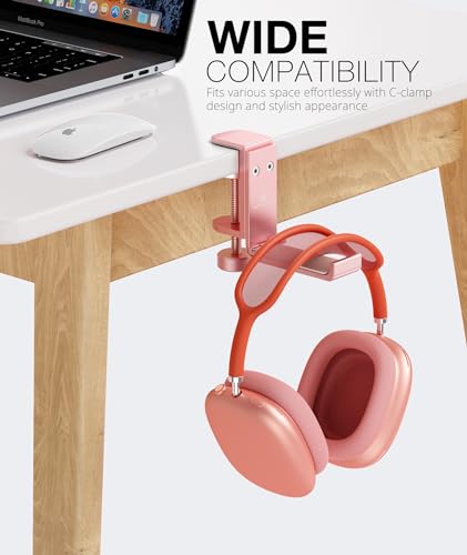 Foldable Headphone Stand and Hook – Aluminum Headset Holder Clamp Mount Under Desk, Universal Fit for Gaming Headphones, Space-Saving Hanger Organizer - color: Pink