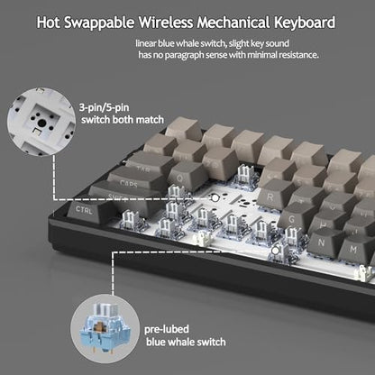 MageGee LIGHT100 Wireless Creamy Keyboard, Gasket Structure Hot Swappable, 2.4G/USB-C/BT5.0 RGB Backlit Mechanical Gaming Keyboard for Win/Mac/PC, 8000mAh Battery, Side Printed PBT Keycap, Black - color: Black/Blue Whale Switch