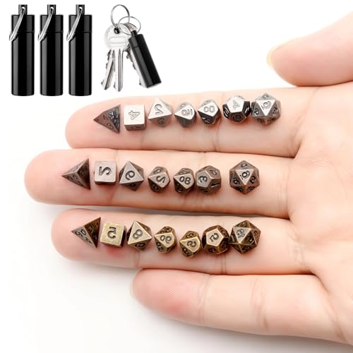 Grevosea 21 Pcs Mini Metal DND Dice Set, Antique Copper Tiny Polyhedral Dice with EDC Keychain Case, Portable Role Playing Game Accessories Gift for D&D Player TTRPG Dungeon Master