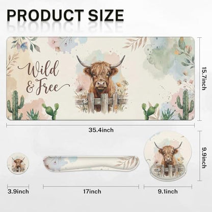 Arttown Keyboard Mouse Pad Set, 4 in 1 Desk Mat Set Cow Boho | Cactus Western Bohemian Large Mousepad+Keyboard Wrist Rest+Mouse Wrist Rest+Coaster Ergonomic Design for Home Office Computer - color: Cactus Cow