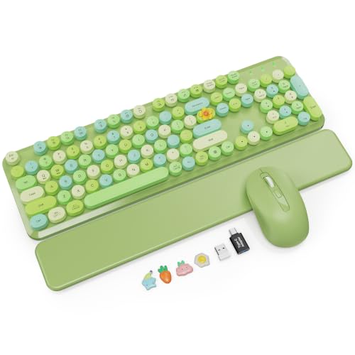 Wireless Keyboard and Mouse Combo with Magnetic Wrist Rest, Round Keycaps, Full-Size Retro Typewriter-Style, Two-Stage Tilt Legs, Auto-Sleep, 2.4G Wireless for Windows Mac Laptop PC, Green Colorful - color: Green Colorful