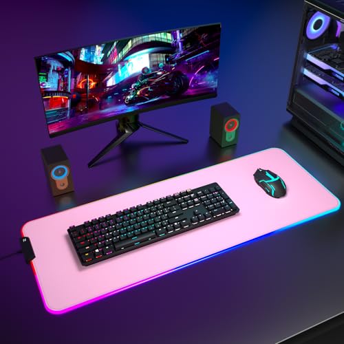 ITNRSIIET RGB Gaming Mouse Pad, Full Desk XL Extended Large Gaming Mousepad, 12 Lighting Modes 30% Thicker Big LED Desk Mat for Gamers, 32 x 12 inches, Pink - color: Pink