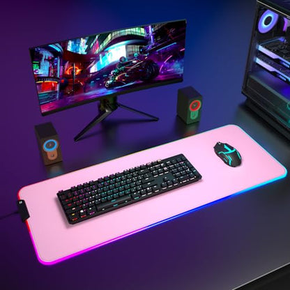 ITNRSIIET RGB Gaming Mouse Pad, Full Desk XL Extended Large Gaming Mousepad, 12 Lighting Modes 30% Thicker Big LED Desk Mat for Gamers, 32 x 12 inches, Pink - color: Pink