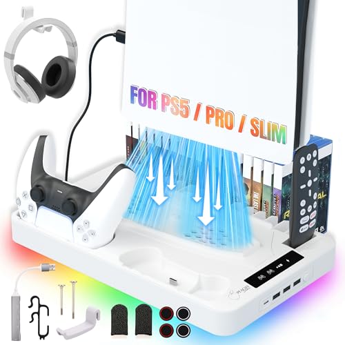 PS5 Cooling Station for PS5/Slim/Pro Disc & Digital Console – Includes USB Port Extender & Ps5 Accessories – Ps5 Stand with Cooling Fan 3 Level Adjustable, Dual Controller Chargers and RGB Lights