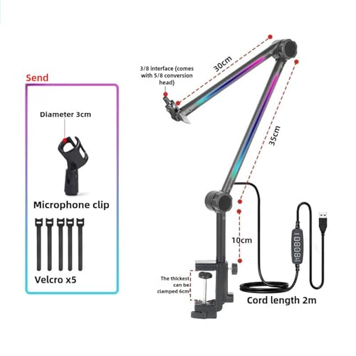 RGB Microphone Arm Stand, Metal Adjustable Desktop with Large Damping Knob and 22 Color Modes, for Gaming Streaming Podcasting