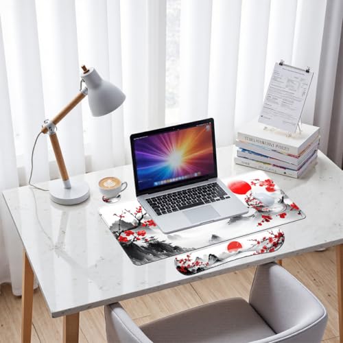 Cherry Blossom Desk Mat Set Zen Ink Landscape Large Mouse Pad with Wrist Rest 4-in-1 Desk Mat for Desktop Ergonomic Computer Desk Arm Wrist Anti-Slip Computer Ergonomic Mouse Pad Home Office Gaming - color: Cherry Blossom, size: 34.5" x 15.7"