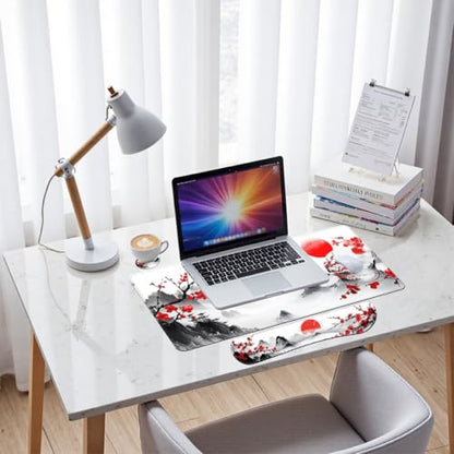 Cherry Blossom Desk Mat Set Zen Ink Landscape Large Mouse Pad with Wrist Rest 4-in-1 Desk Mat for Desktop Ergonomic Computer Desk Arm Wrist Anti-Slip Computer Ergonomic Mouse Pad Home Office Gaming - color: Cherry Blossom, size: 34.5" x 15.7"