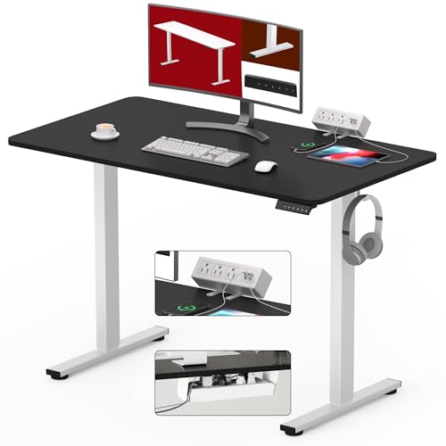 SANODESK Electric Standing Desk with Desk Clamp Power Strip 40"x 24" Whole-Piece Desktop Height Adjustable Stand Up Desk with Cable Management Sit Stand Home Office Desk White Frame/Black Top - color: White Frame+black Top, size: 40"x24"