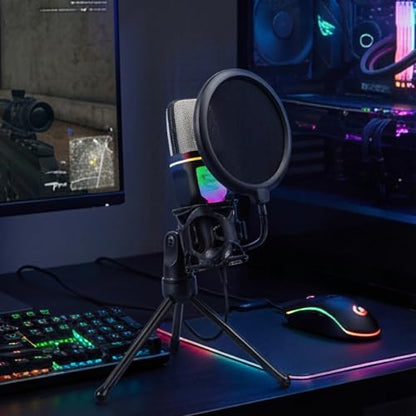 USB Condenser Gaming Microphone with RGB Lighting and Tripod - Compatible with PC, PS4, and PS5
