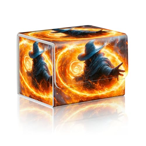 Trading Card Storage Box, Holds 100+ for MTG Cards, PU Leather with Magnetic Closure, Blue Hat Mage with Swirling Fire Magic Durable Deck Box for Magic the Gathering, Trading Card Games - color: Blue Hat Mage with Swirling Fire Magic
