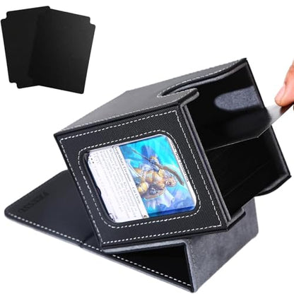 MTG Deck Box with Commander Display Window (Black＆Grey, 1 window) | Holds 120 Single/100 Double-Sleeved Cards, Fit MTG/PTCG/OPTCG Cards, Strong Magnet, PU Leather, With 2 Dividers & 1 Toploader - color: Black and Grey