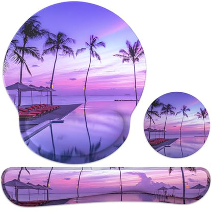 Ergonomic Mouse Pad with Wrist Rest and Keyboard Wrist Rest, Mousepad and Keyboard Pad, Non-Slip Rubber Base, Pain Relief, Mouse Pad Wrist Support for Gaming, Computer, Office, Home, Purple Beach - color: Purple Twilight