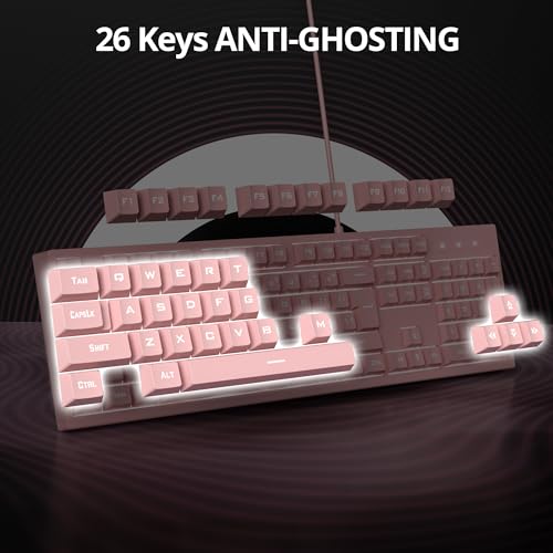 Pink Gaming Keyboard - 104 Keys Silent Creamy LED Backlit Double Shot Keycaps Wired Membrane Keyboard For PC Laptop