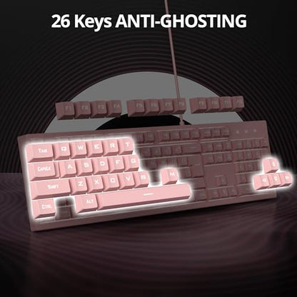Pink Gaming Keyboard - 104 Keys Silent Creamy LED Backlit Double Shot Keycaps Wired Membrane Keyboard For PC Laptop