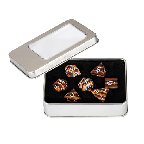 Wooden Dice Set Yellow Striped Wood DND Dice for D&D Tabletop Games | Iron Box, DM Gift, for Dungeons and Dragons Role Playing Games - color: Yellow Striped/Silver