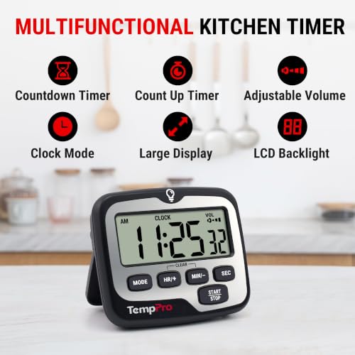 TempPro TM01(2 Pack) 2-in-1 Kitchen Timers for Cooking with Clock Mode | Magnetic Timer with Adjustable Alarm Volume, Digital Timer with Touch Backlight, Kids Timers for Classroom Teacher Supplies - size: Digital Timer 2 Pack