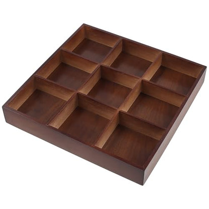 FUNSUEI 3 PCS Multi Compartment Wooden Tray, Grid Display Bamboo Serving Tray with 9 Sections, Wood Drawer Organizer Divided Snack Storage Box for Jewelry, Card Sorting, 13x13x2 Inch Dark Brown - size: 3 PCS 9 Sections