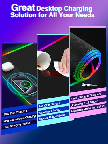 Magnetic Charging Mouse Pad 31.5x15.75, 15W Fast Wireless Charging Desk Mat, XXL Desk Pad RGB Gaming Mousepad, Home Office Large Keyboard Pad with Ultra-Smooth Surface, Non-Slip Base - color: 31.5x15.75"Magnetic RGB-Black