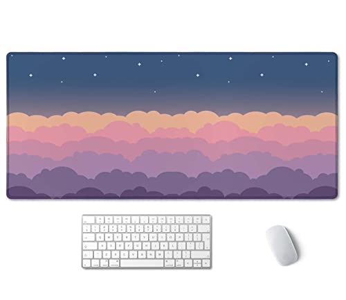 SSOIU Cute Clouds Purple Desk Mat, Extra Large XXL Gaming Mouse Pad 35.5" X 15.7", Waterproof with Stitched Edges - color: Cute Clouds Purple