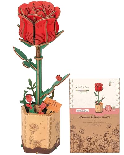 3D Flower Wooden Puzzles for Adults-Red Rose, DIY Wooden Flowers Model Kit Building Set Crafts Birthday Gifts Women, Artificial Botanical Collection Creative Gift Ideas/Housewarming (106PCS) - style: TW - Red Rose