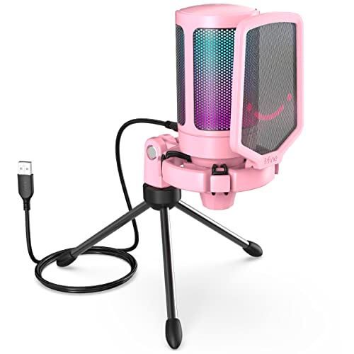 FIFINE USB Gaming PC Microphone for Streaming Podcasts, AmpliGame RGB Computer Condenser Desktop Mic, Cardioid Pattern for YouTube Video, Plug and Play on PS4 PS5, with Quick Mute, Mic Gain-A6V Pink - color: Pink