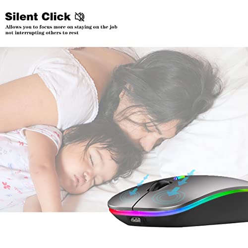 WREANU Wireless Bluetooth Mouse Rechargeable Laptop Mice with LED Lights Silent Slim Use(BT5.2 and 2.4G Portable USB) Dual Mode Computer Mouse for Laptop/iPad/Tablet/Apple/Computer/Mac (Grey) - color: Grey