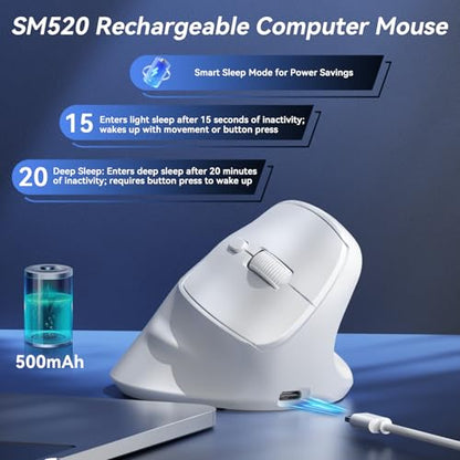 SOLAKAKA SM520 Ergonomic Wireless Mouse with 24,000 DPI, White | Stable Tri-Mode Connection, Comfortable Vertical Design, Rechargeable Battery, Programmable Side Button, for PC, Laptop - color: white