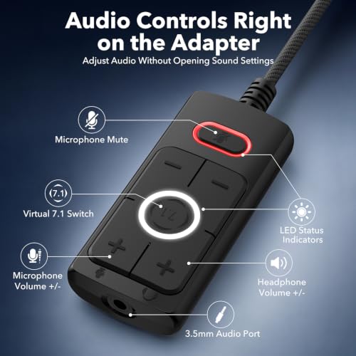 1Mii S03 USB Sound Card, 7.1 Virtual Surround Sound Gaming Audio Adapter, Plug & Play USB to 3.5mm Headphone and Microphone Jack with Volume Control, Mic Mute, for PC, Laptop and Gaming Devices
