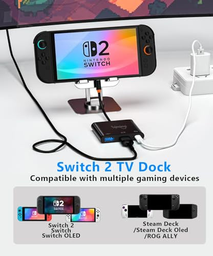 Switch 2 Dock Compatible for Nintendo Switch 2 V21 Docking Station with HDMI 2.1, 100w PD Port,USB-A Converter, Portable Steam Deck Compatible with NS1/2,Mac,MacBook,Laptops (Black) - color: Black