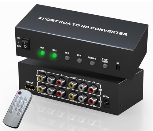 Multiple RCA to HDMI Converter - 4 Port Red White Yellow Composite Component to HDMI Converter for N64/Smart TV/AUX/PS2/PS3/VHS/VCR/DVD Players, Support 4:3/16:9 1080P/720P RCA AV to hdmi Switch