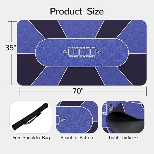 70 x 35 Inch Poker Mat for Table, Texas Hold'em Poker Table Top Mat with Carrying Bag, Waterproof Anti-Slip Rubber Blackjack Mat for Home Game Nights Up to 8 Players - color: 70 X 35 Inch Blue