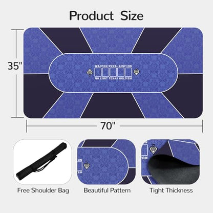 70 x 35 Inch Poker Mat for Table, Texas Hold'em Poker Table Top Mat with Carrying Bag, Waterproof Anti-Slip Rubber Blackjack Mat for Home Game Nights Up to 8 Players - color: 70 X 35 Inch Blue