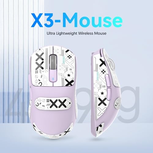 ATTACK SHARK X3 Wireless Gaming Mouse, 49g Bluetooth/2.4G/USB-C Ergonomic Computer Mouse, PAW3395 26K DPI Sensor, 200h Battery Life, Programmable Buttons, Gaming Accessories for PC/Laptop/Mac - color: Lavender & Griptape