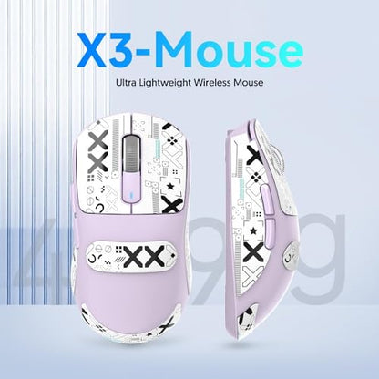 ATTACK SHARK X3 Wireless Gaming Mouse, 49g Bluetooth/2.4G/USB-C Ergonomic Computer Mouse, PAW3395 26K DPI Sensor, 200h Battery Life, Programmable Buttons, Gaming Accessories for PC/Laptop/Mac - color: Lavender & Griptape