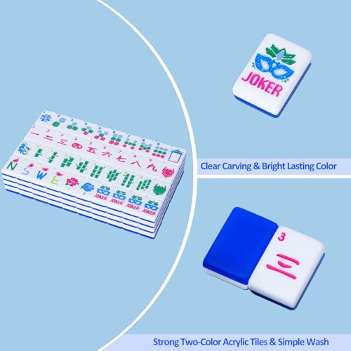 Jongyance American Mahjong Tile Set(Blue) with Carrying Bag and Accessories, 160 Acrylic Engraved Mahjong Tiles - color: Blue